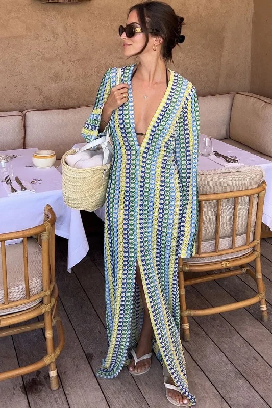 Women's Holiday Outfit Boho V Neck Bell Sleeve Wavy Striped Crochet Beach Vacation Maxi Dress - Yellow