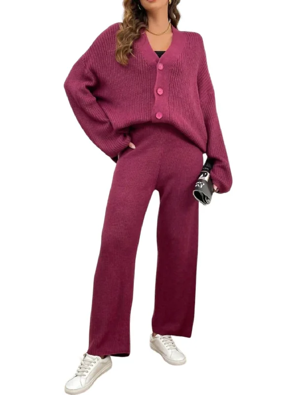 Women's Contemporary Clothing Winter Knit Cardigan & Long Pants Set In Purple Red