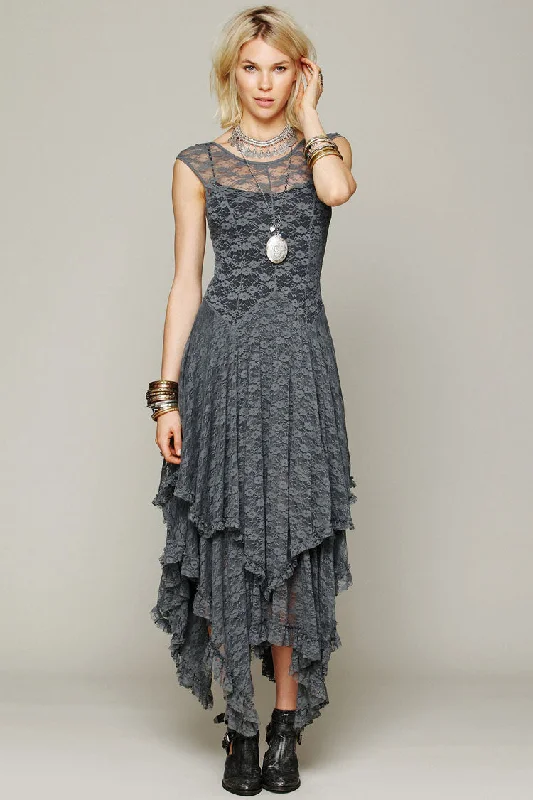 Women's Vacation Garments Asymmetric Tiered Ruffle Sleeveless Maxi Lace Dress - Gray