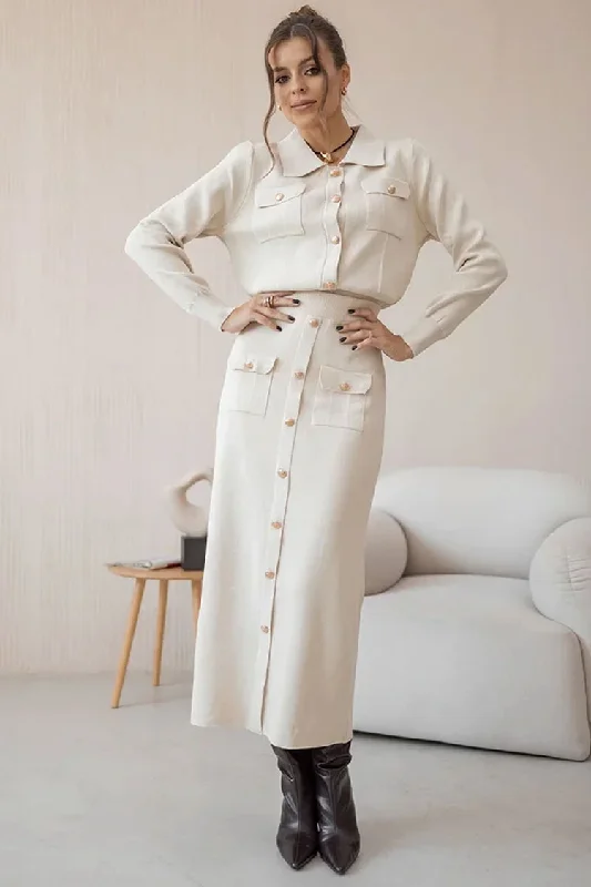 Women's Elegant Outfit Elegant Patch Pocket Button Up Collared Cardigan Two Piece Midi Dress - Beige