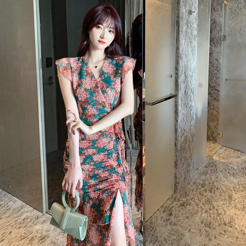 Stylish Outerwear Clothing For Women Mint Floral Casual V Neck Ruffle Sleeve Midi Dress