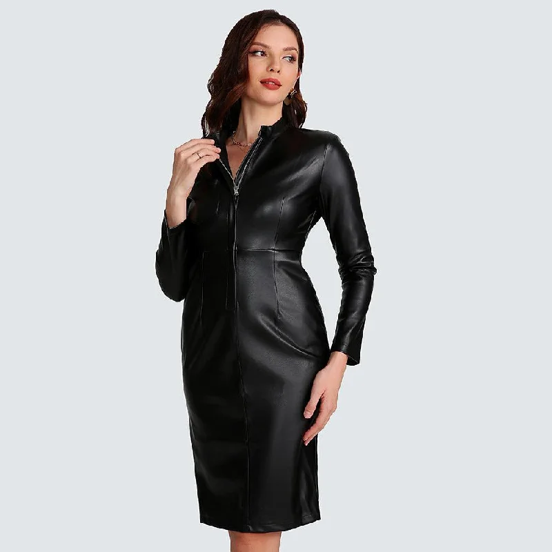 Comfortable Women's Attire Black Faux Leather Elegant Zip up Midi Dress