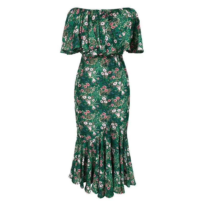 Women's Apparel Green Satin Off Shoulder Floral Casual Slim A-Line Maxi Dress