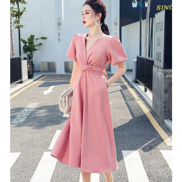 Women's Workout Clothing Chic V-neck Short Sleeve Sheath Midi Dress