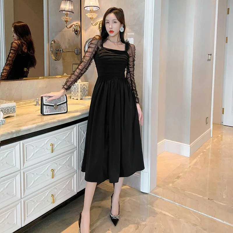 Women's Work Outfit For The Office Vintage Mesh High Waist Swing Elegant Casual Midi Dress