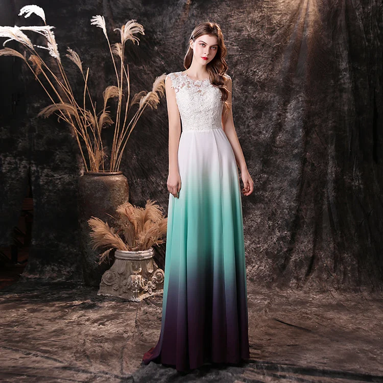 Chic Women's Garments Teal Gradient Chiffon Sleeveless Round Neck Backless Maxi Dress