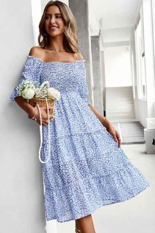 Women's Casual Clothing For Lounging Prairie Off Shoulder Smocked Floral Printed Boho Chic Midi Dress - Blue