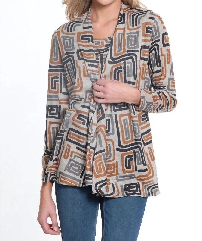 Sustainable Women's Clothing Longsleeve Open Front Jacket & Tank 2Pc Set In Abstract Multi