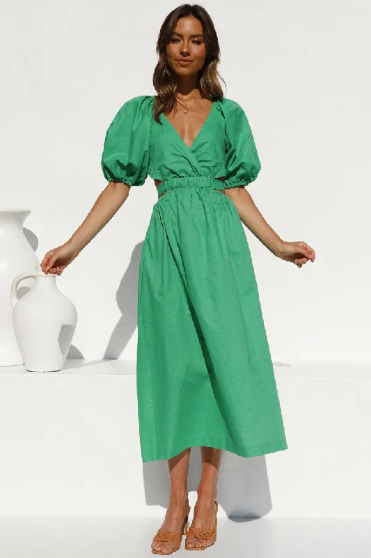 Women's Clothing Sets Vintage Puff Sleeve Deep V Cutout Beach Vacation Midi Dress - Green