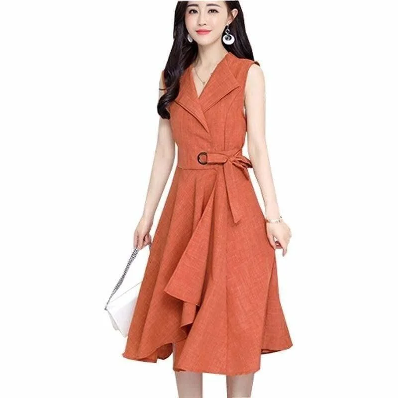 Women's Outerwear Clothing A-Lin v-neck Cotton Linen Summer  Sleeveless Work Office Wear Casual Midi Dress