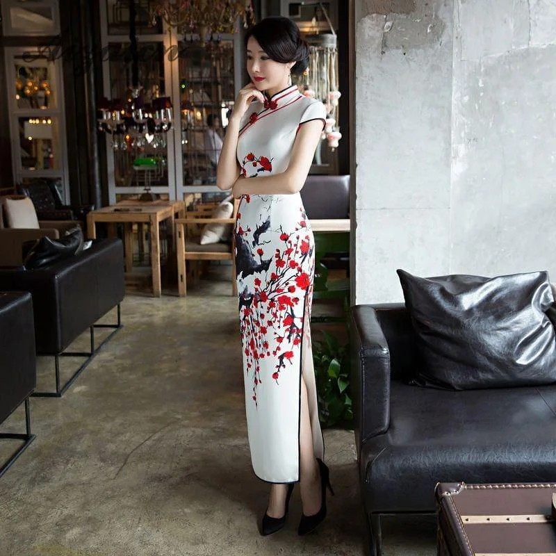 Women's Vacation Attire Red Flower Cheongsam White Long Qipao Traditional Dress Oriental Style Maxi Dress