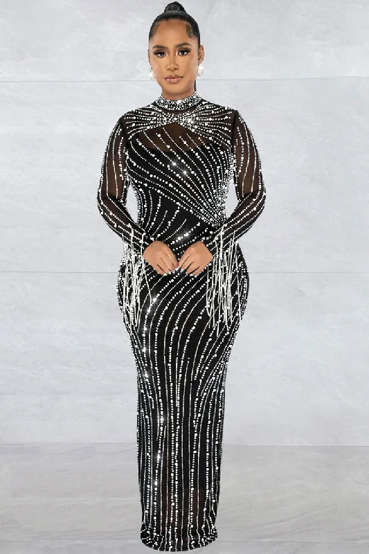 Women's Clothing And Garments Sets Sparkly Rhinestone Fringe Long Sleeve Sheer Evening Maxi Dress - Black