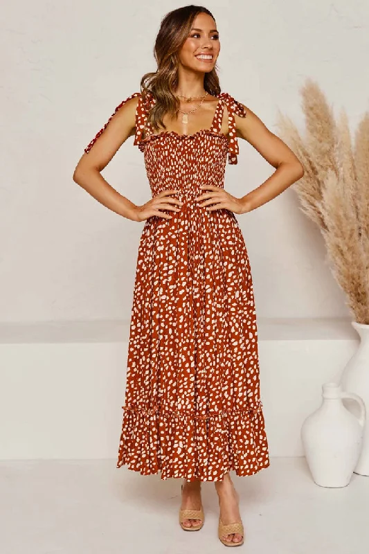 Women's Everyday Garments Flowy Leopard Print Tie Strap Maxi Beach Vacation Dress - Rust