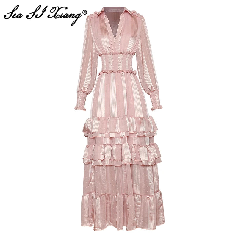 Women's Athletic Garments Pink V-Neck Lantern Sleeve Embroidery Vintage Elastic Waist Maxi Dress