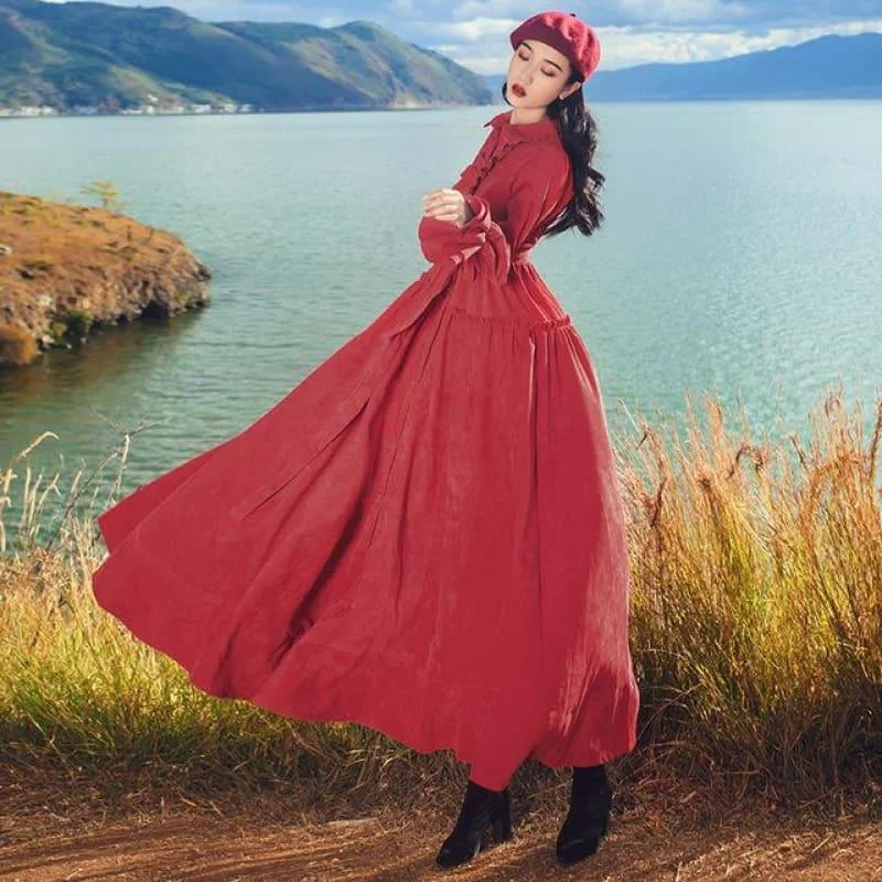 Women's Casual Apparel Vintage Red Corduroy A-line Maxi Shirt Dress with Belt