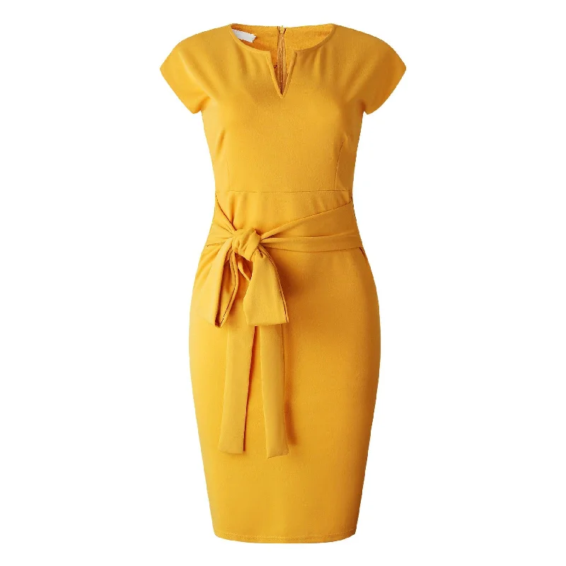 Fashionable Women's Clothing Lemon yellow short-sleeve side belt midi dress