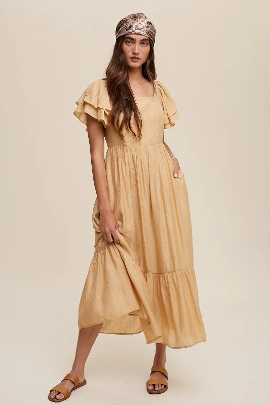 Women's Vintage-Inspired Outfit The Kandace Square Neck Maxi Dress in Mustard