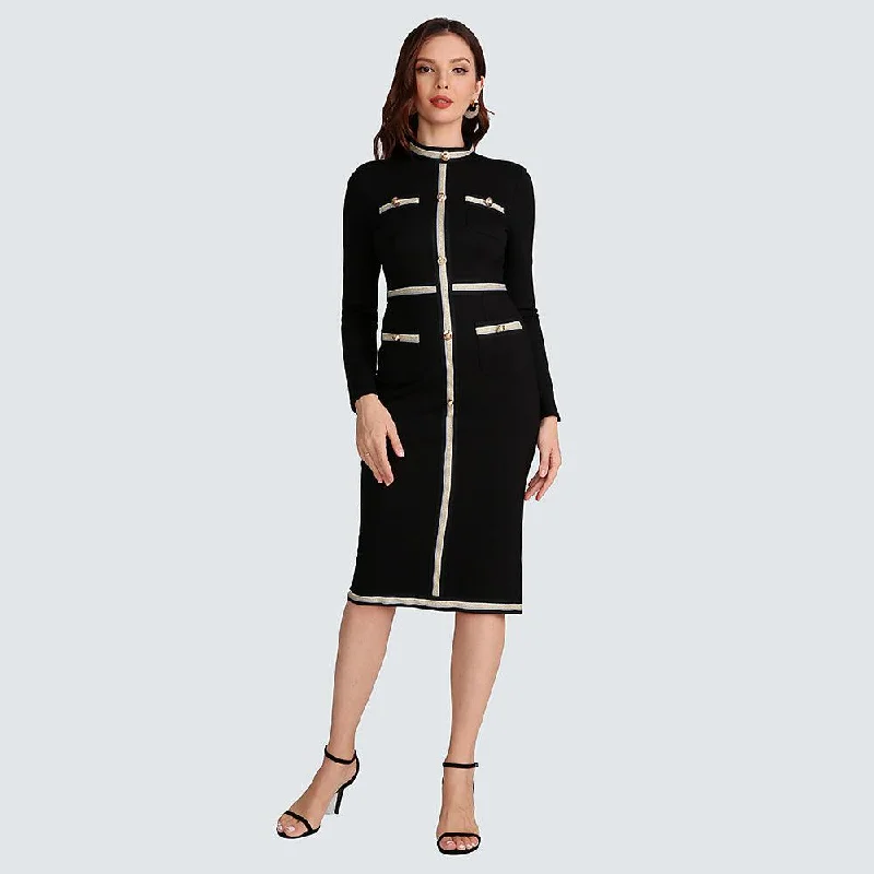 Women's Timeless Attire Black Vintage Knitted Elegant Casual Midi Dress