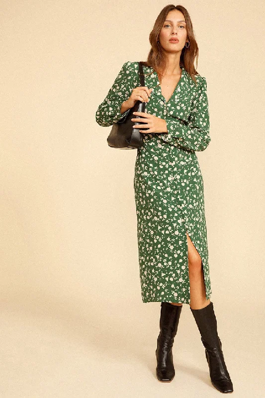 Women's Vacation Clothes Floral Print Long Sleeve Button Up French Shirt Midi Dress - Green