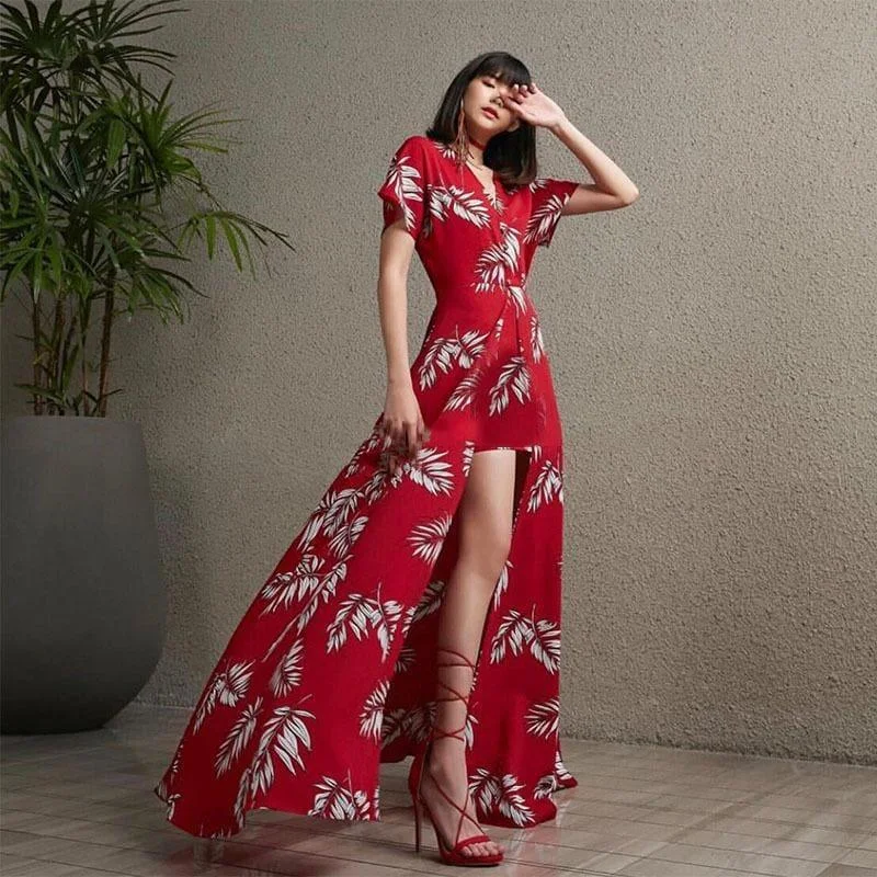 Formal Garments For Women Red Flower Print V Neck Short Sleeve High Waist Side Split Sexy Summer Maxi Dress