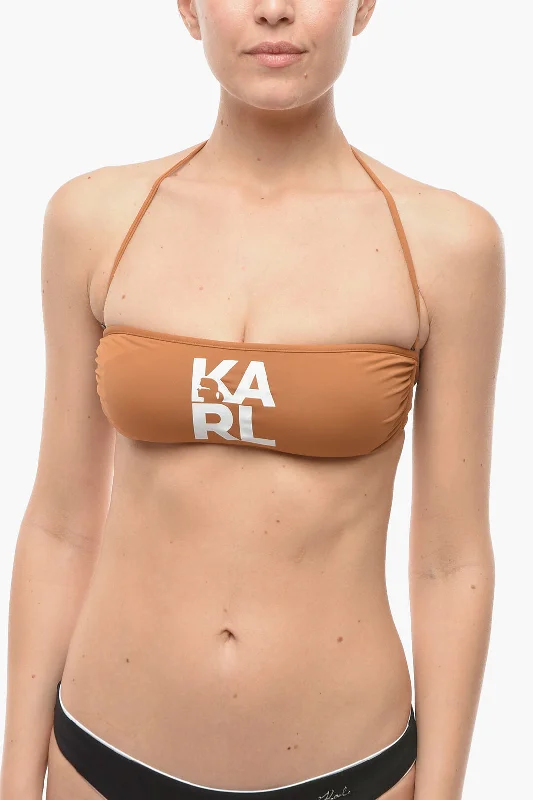 Stylish Women's Garments Karl Lagerfeld Solid Color Bandeau Bikini Top with Printed Contrasting Logo