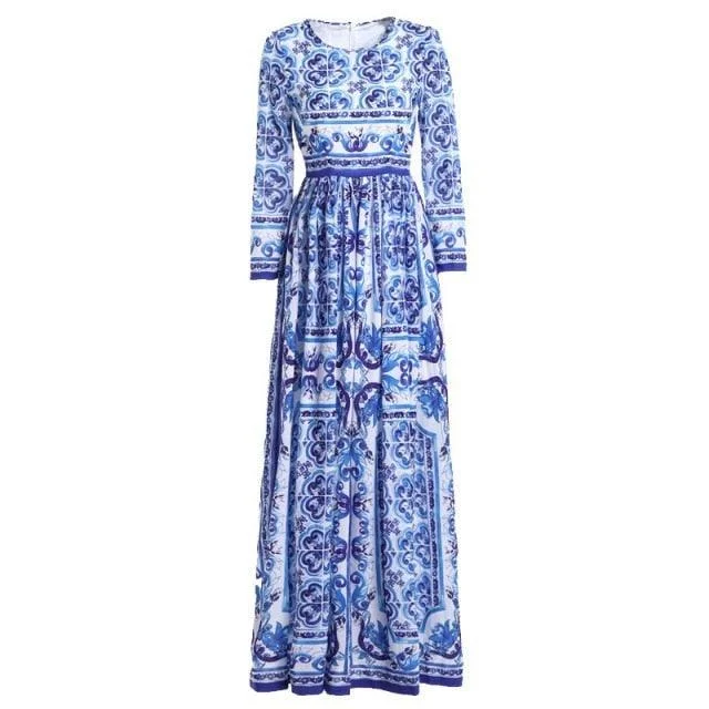 Women's Comfortable Apparel Blue and  white Long Sleeve Vintage Casual Chiffon Printed Long Dress