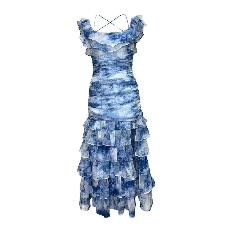 Women's Occasion Wear Clothing Blue Off Shoulder Floral Ruffle Midi Dress