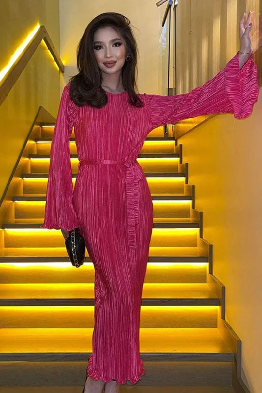 Women's Elegant Garments Celebrity Style Crew Neck Bell Sleeve Shift Pleated Maxi Dress - Hot Pink