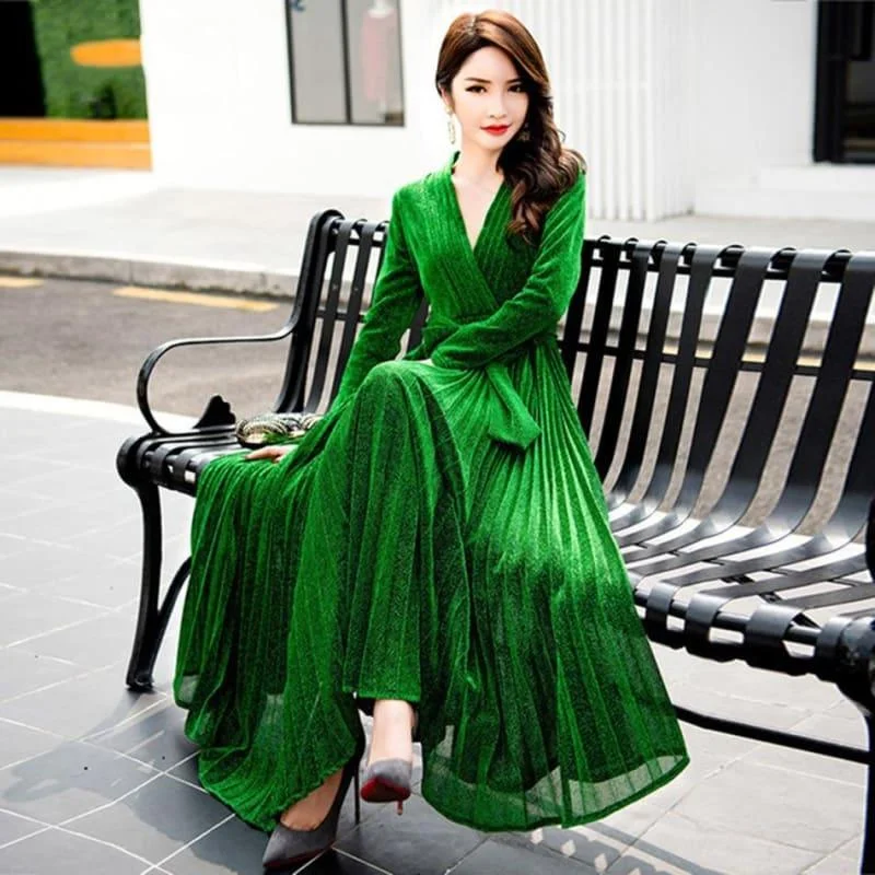 Women's High-Fashion Garments Long Pleated Deep V Neck Sashes Mesh Long Sleeve Runway Maxi Dress