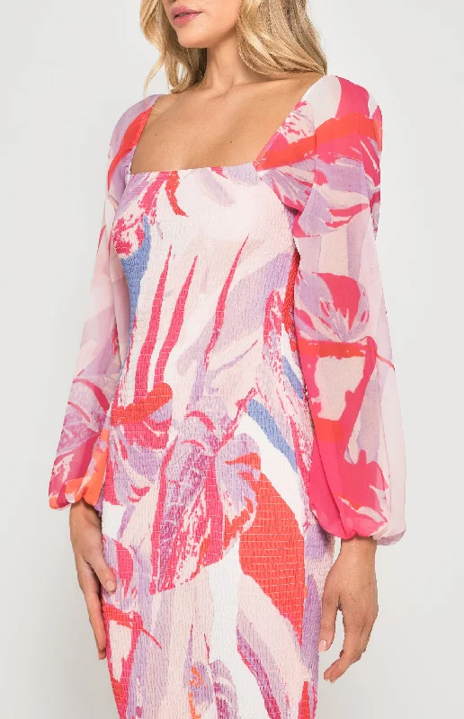 Elegant Clothing For Women Abstract Print Shirred Midi Dress