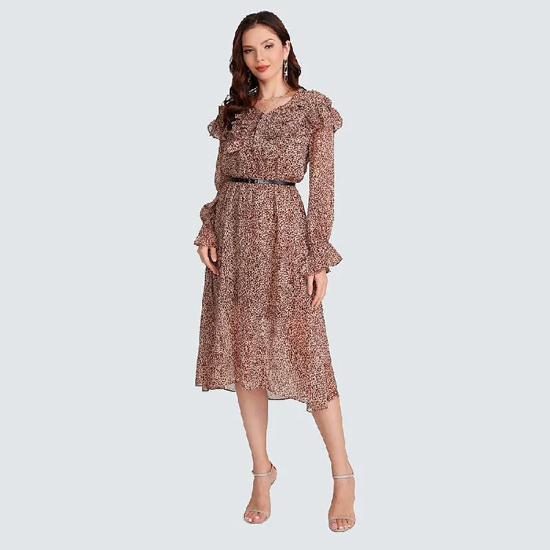 Women's Office Outfit Brown V Neck Ruffle Polka Dot Chiffon Midi Dress