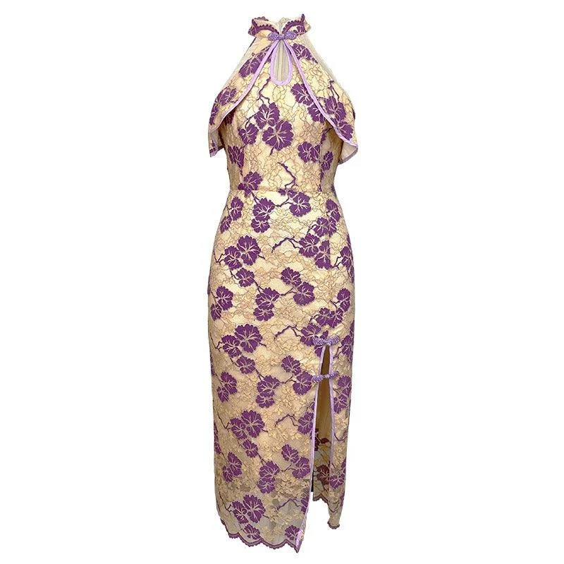 Women's Vintage-Inspired Clothing Vintage Purple Qipao Strapless Halter Neck Midi Dress