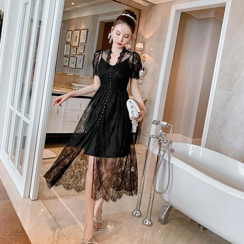 Women's Vacation Outfit Black Lace Puff Sleeve Midi Dress