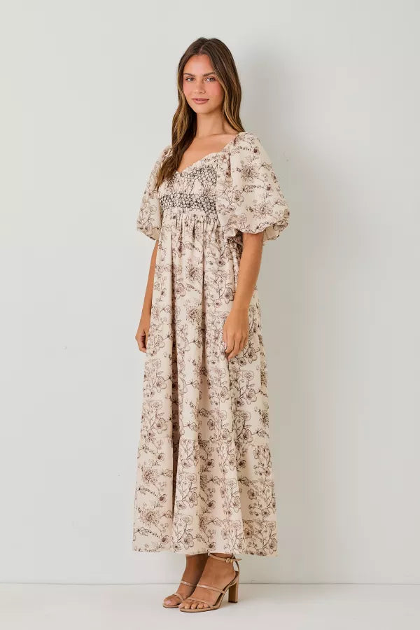 Fashion-Forward Women's Clothing The Erlyn Bubble Sleeve Maxi Dress in Brown Multi-Sale