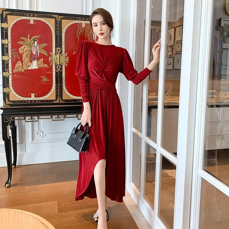 Women's Clothing For Everyday Wear Red Ruffle Boatneck Batwing Sleeve Midi Dress