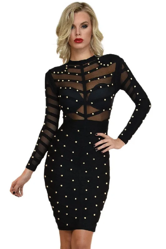 Affordable Fashion Clothing For Women Trendy Studded Long Sleeve Mesh Bandage Cocktail Party Midi Dress - Black