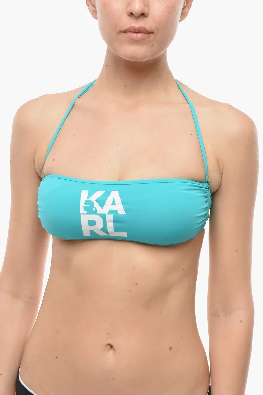 Women's High-Fashion Attire Karl Lagerfeld Solid Color Bandeau Bikini Top with Printed Contrasting Logo