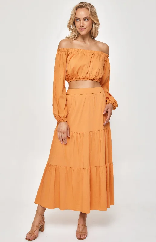 Comfortable Women's Attire Set with Off the Shoulder Top and Tiered Maxi Skirt