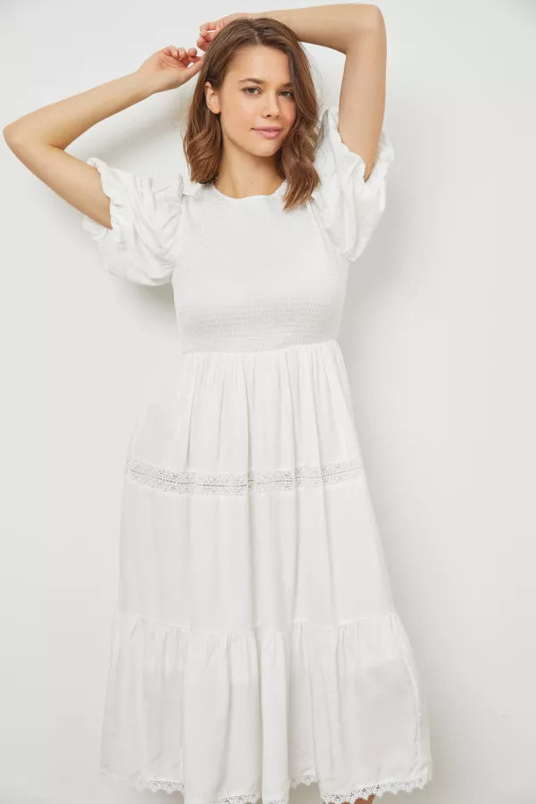 Women's Date Night Outfit The Summer Smocked Midi Dress in Ivory-Sale