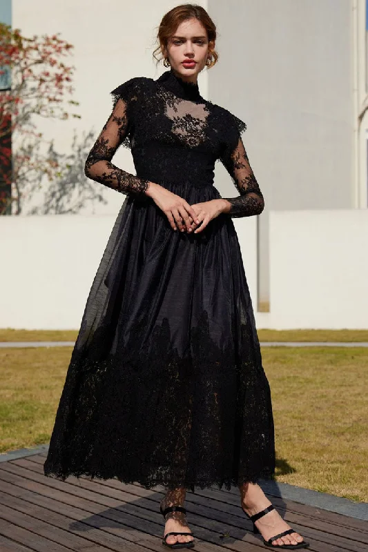 Women's Cozy Outfit For Lounging Vintage Mock Neck Sheer Lace Long Sleeve Evening Maxi Dress - Black