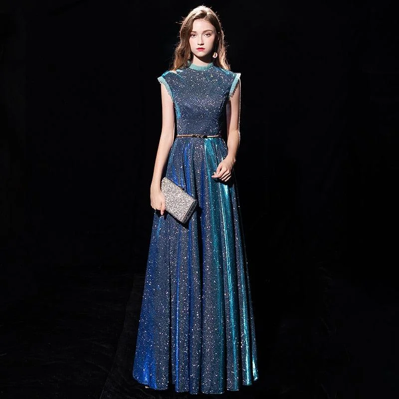 Women's Evening Wear Outfit Noble Starry Sky Gowns Floor-length Evening Party Blue Maxi Dress