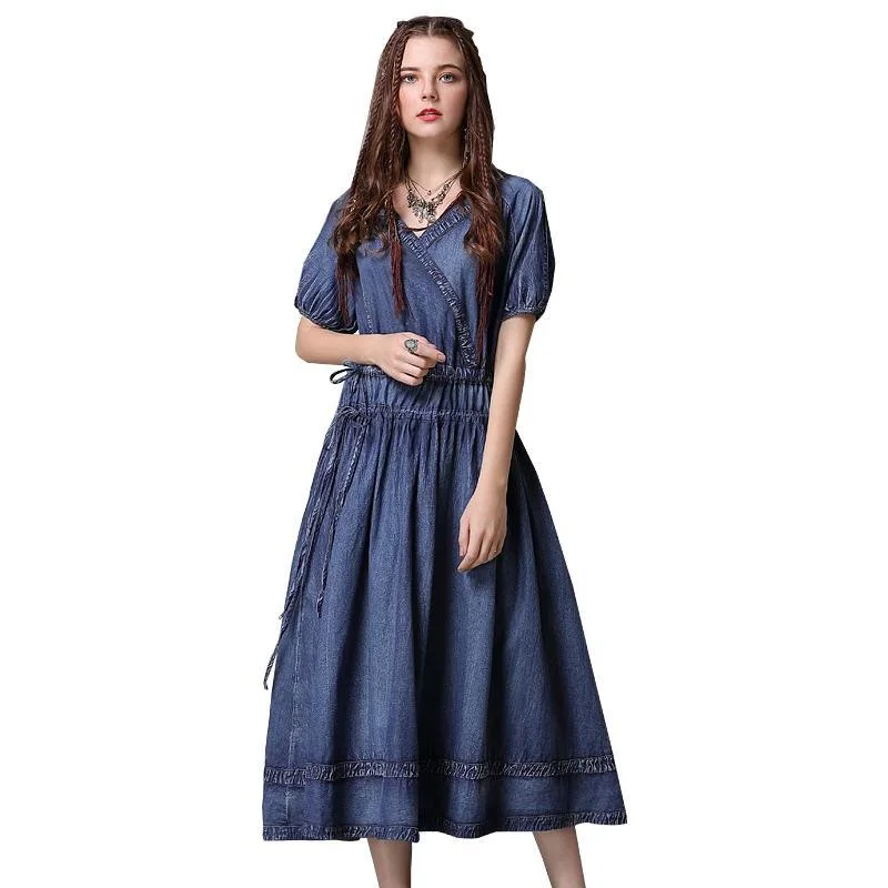 Women's Everyday Clothes V-Neck Adjustable Waist Lantern Sleeve Swing Denim Dress