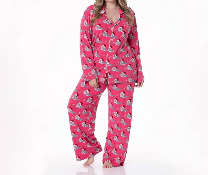 Women's Clothing Outfit Set Long Sleeve Collared Pajama Set In Winter Rose Holiday Sharks