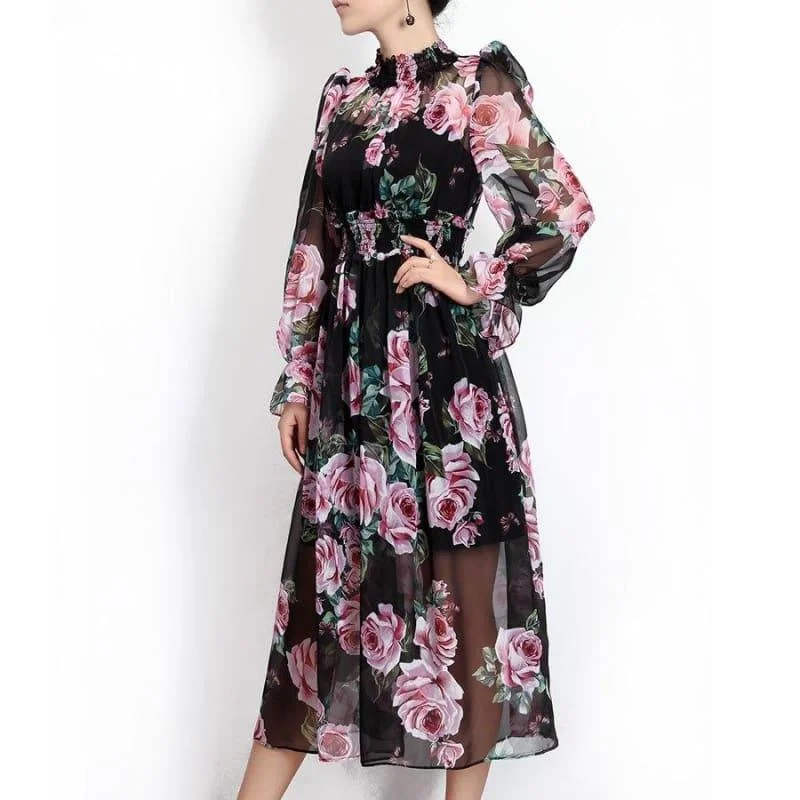 Women's Functional Apparel For Outdoor Activities Romantic Rose Print Spring Elegant Turtleneck Waist Elastic Maxi Dress