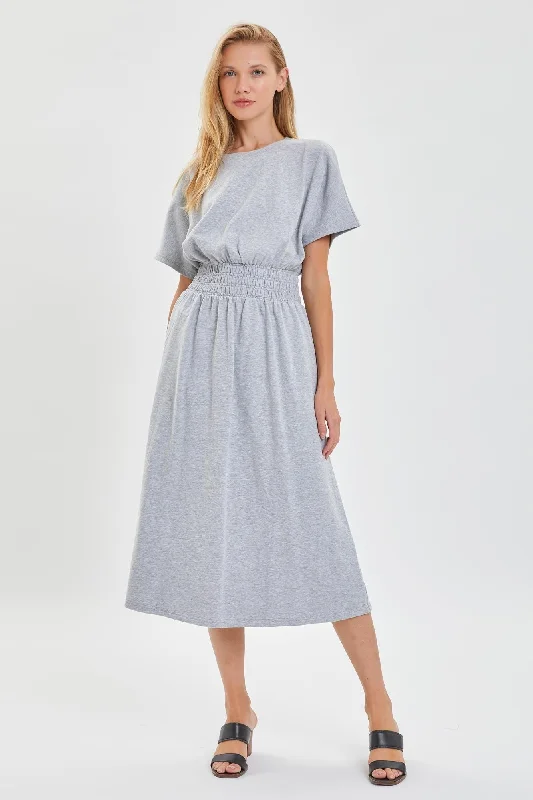 Fashionable Women's Clothes The Melanie Smocked Waist Midi Dress in Grey