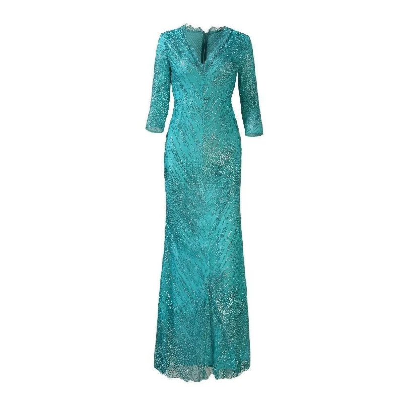 Chic Clothes For Women Green Beaded Sequined V-Neck Three Quarter Sleeve Maxi Dress