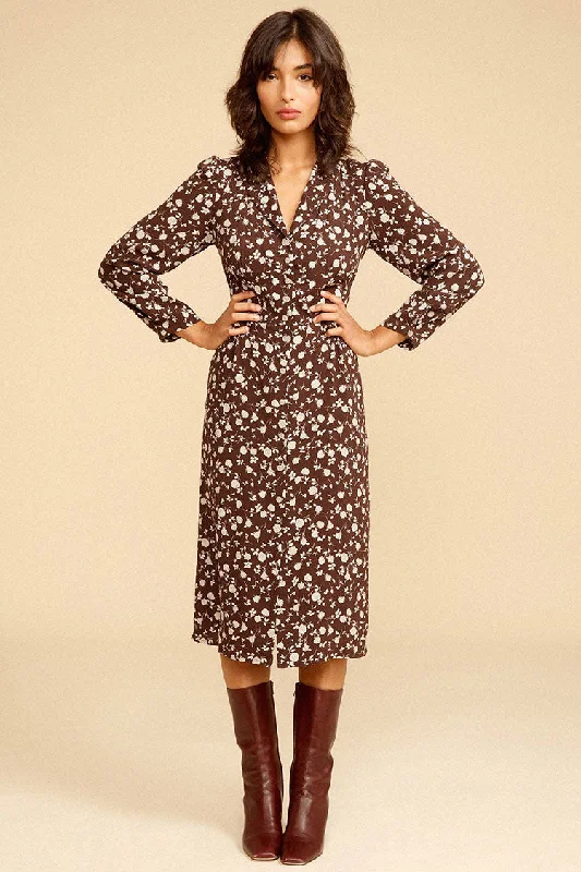 Women's Evening Clothes Floral Print Long Sleeve Button Up French Shirt Midi Dress - Coffee