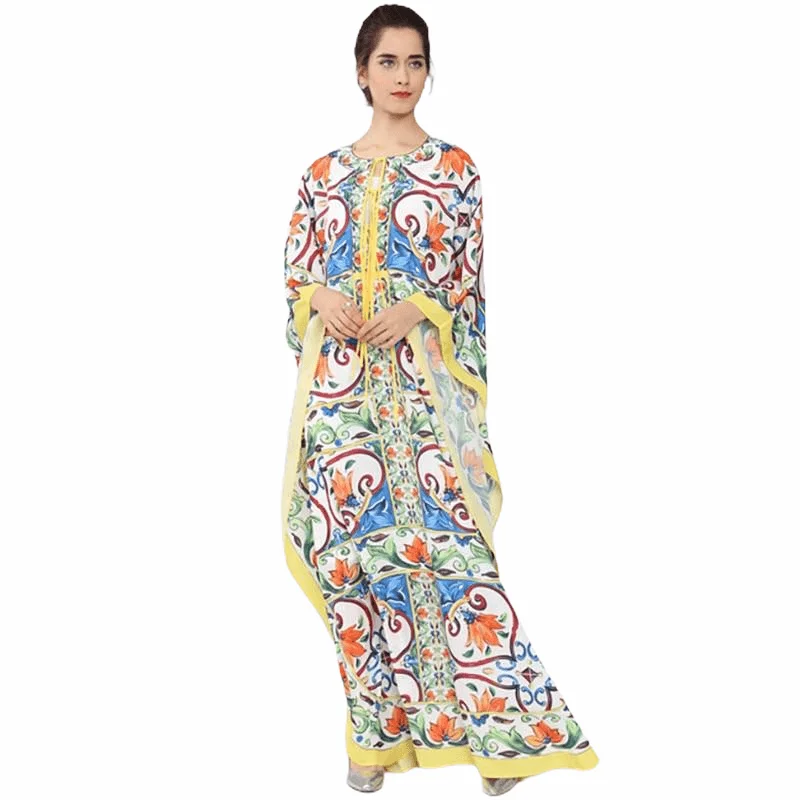 Charming Women's Holiday Apparel Batwing Sleeve Halter Loose Ruffles Casual Floral Print Boho Maxi Dress