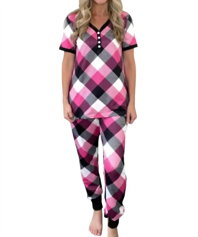 Women's Clothing For Everyday Wear Plaid Pajama Lounge Set In Pink