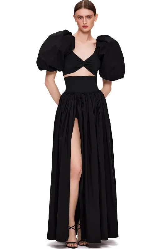 Fashionable Women's Clothing Puffl Sleeve Crop High Waist High Split Two Piece Maxi Dress - Black